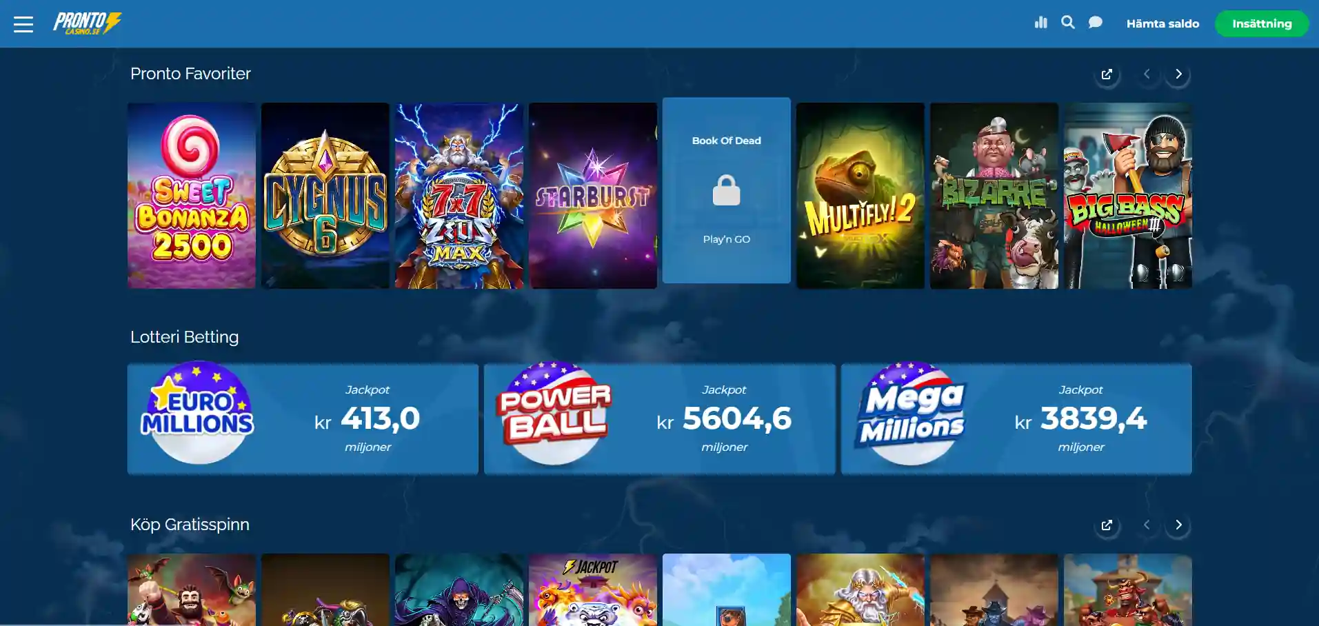 Pronto Casinos startsida med navigering och en översikt över spelinnehållet